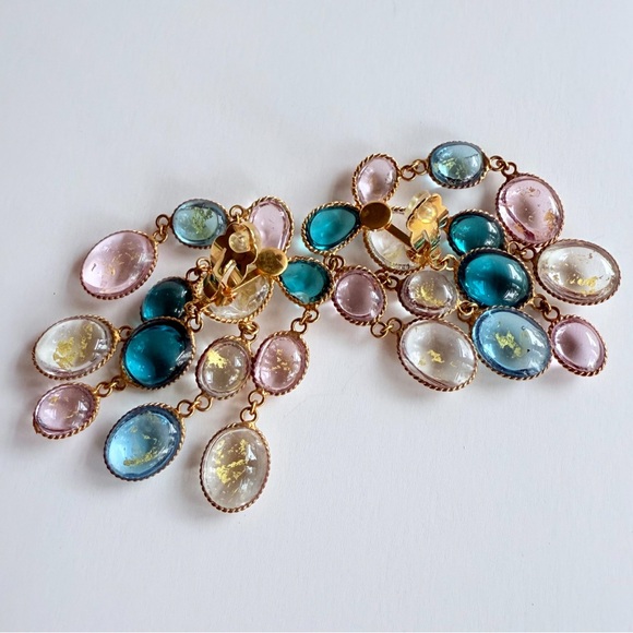 Vintage French Gripoix Poured Glass Chandelier Earrings Pink Blue Gold Leaf Foil - Picture 12 of 16